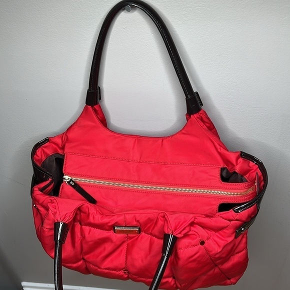 Kate Spade Red Quilted Brown Patent Leather Zip Shoulder Tote Bag - Picture 6 of 13
